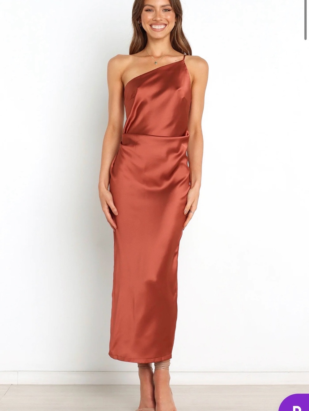 Petal & Pup Luella One-Shoulder Satin Slip Dress in Rust